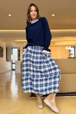 Roberta Plaid Brushed Cotton Balloon Hem Skirt Highland Blue
